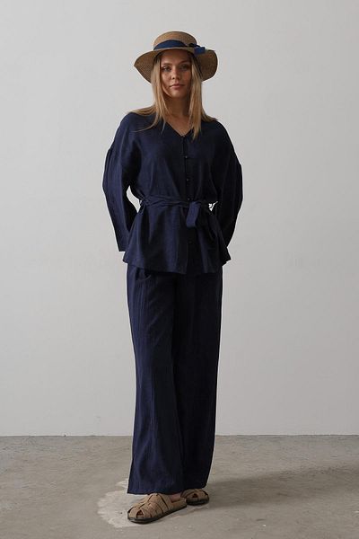 VAGGON Women's Dark Blue Tie Waist Tunic and Tie Waist Trousers Set Vs00562