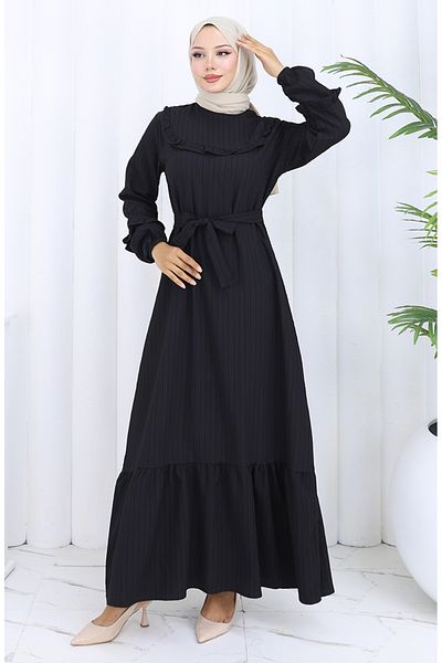 sefamerve Ruffle Belted Dress 2116-04 Black
