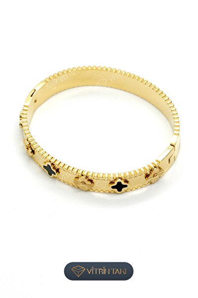 Çelik Yonca Detaylı Altın Renk Kelepçe Bileklik