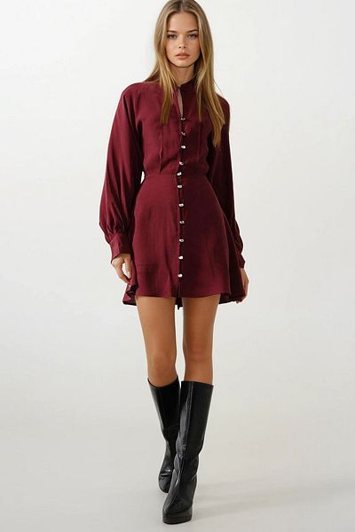 VAGGON Women's Burgundy Button Detailed Balloon Sleeve Mini Dress Vs00468