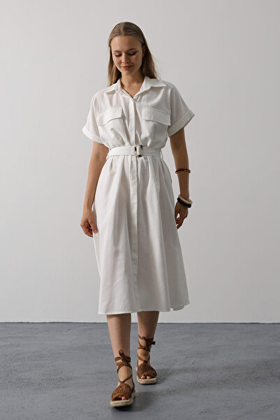 VAGGON Women's White Belted Double Pocket Shirt Collar Midi Length Dress Vs00581