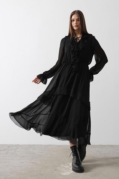 VAGGON Women's Black Lined Ruffle Detail Maxi Length Chiffon Dress Vs00469