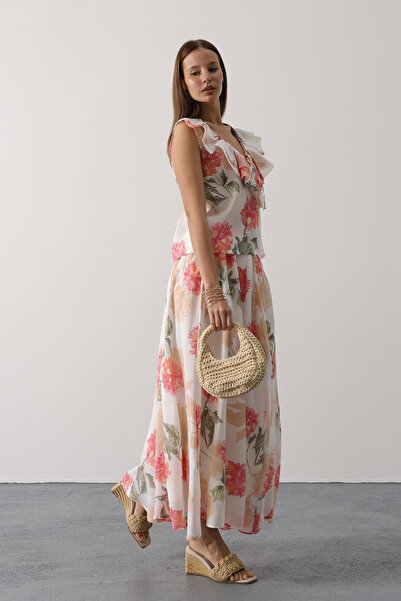 VAGGON Women's Pink Floral Patterned Long Skirt Vs00645