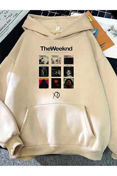 caddekombin The Weekend Albümleri Baskılı Kapüşonlu Cepli İçi Yünlü Bej Sweatshirt