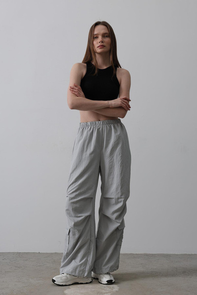 VAGGON Women's Gray Elastic Waist Parachute Cargo Pants Vs00517