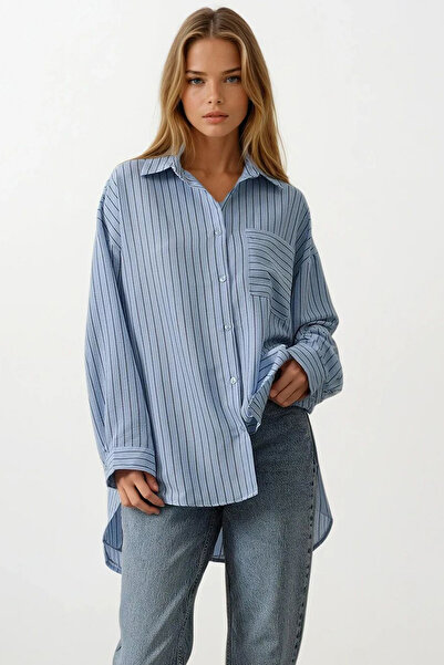 VAGGON Women's Baby Blue Striped Single Pocket Oversized Shirt Vs00475