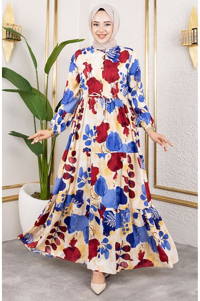 sefamerve Rochie din țesătură de viscoză cu șireturi în talie 7124-04 Indigo