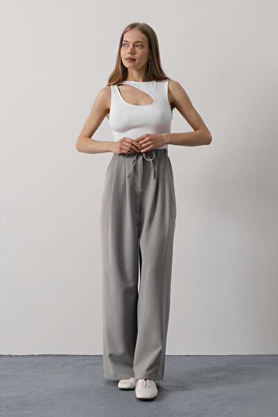 VAGGON Women's Gray Double Pocket Pleated Lace-Up Oversize Pants Vs00534