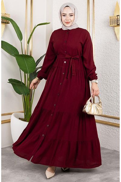 sefamerve Front Buttoned Viscose Dress 1124-01 Burgundy