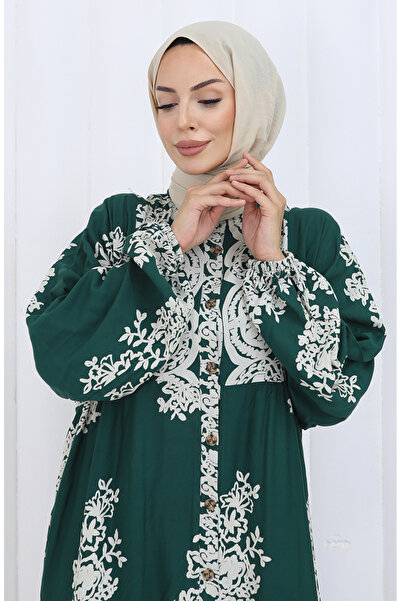 sefamerve Viscose Fabric Half Button Dress 2117-05 Emerald Green