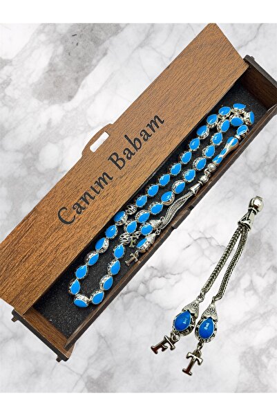 KANUNİ TESBİH Metal Prayer Beads in Turquoise Color with Letter Detail in Woo...
