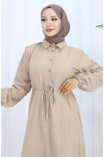 sefamerve Beli Bağcıklı Düğmeli Elbise 0127-04 Vizon