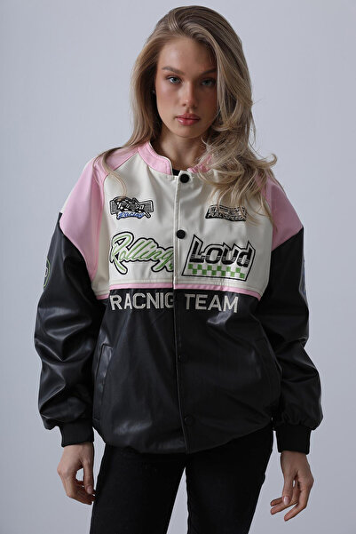 VAGGON Women's Black Ecru Biker Jacket Vs00444