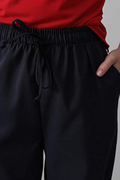 VAGGON Women's Dark Blue Double Pocket Elastic Waist Wide Leg Trousers Vs00529