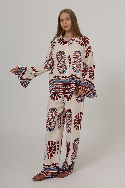 VAGGON Patterned Flared Sleeves Shirt and Elastic Waist Pants Set