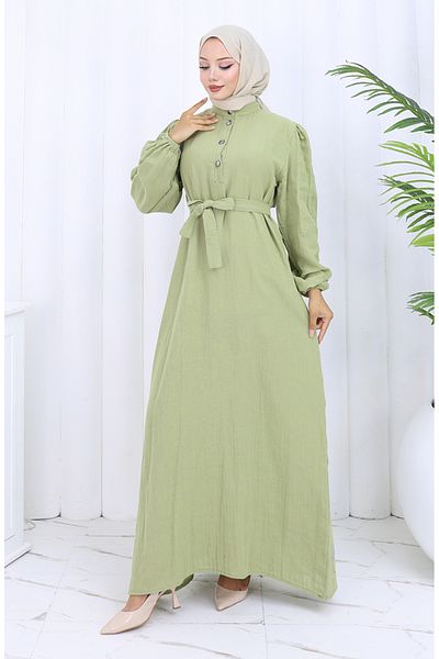 sefamerve Belted Dress with Elastic Sleeves 2112-04 Mildew Green