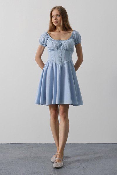 VAGGON Women's Baby Blue U-Neck Button Detailed Waist Corset Mini Dress Vs00549