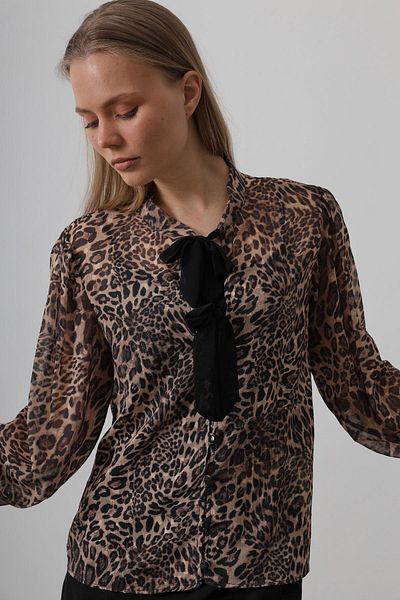 VAGGON Bluză leopard cu nasturi cu detaliu fundă LEOPARD pentru femei VS00516