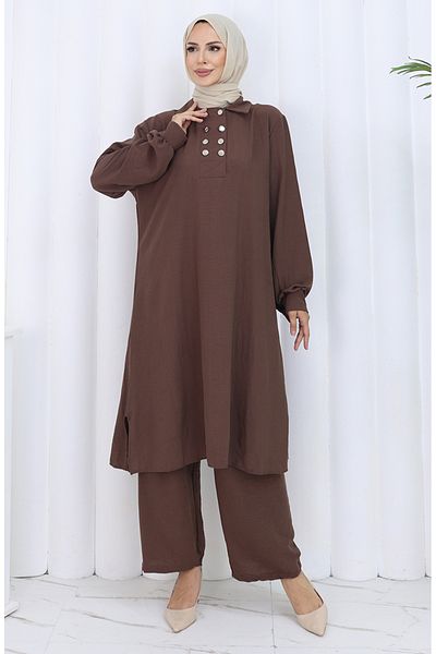 sefamerve Pantaloni tunică cu nasturi dublu Set de două piese 2118-02 maro