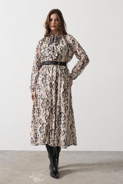 VAGGON Snake Pattern Long Collar Detailed Dress