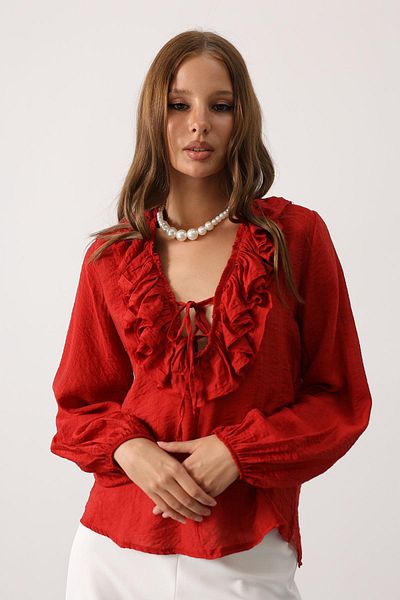 VAGGON Bluză cu mânecă lungă cu volan pentru femei RED COLLAR VS00635