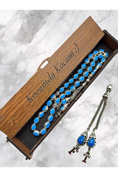 KANUNİ TESBİH Metal Prayer Beads in Turquoise Color with Letter Detail in Woo...