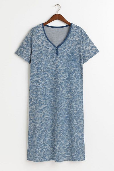 enmodaiçgiyim Gray Navy Blue Leaf Patterned Short Sleeve Oversize Knee Length Women's Dress