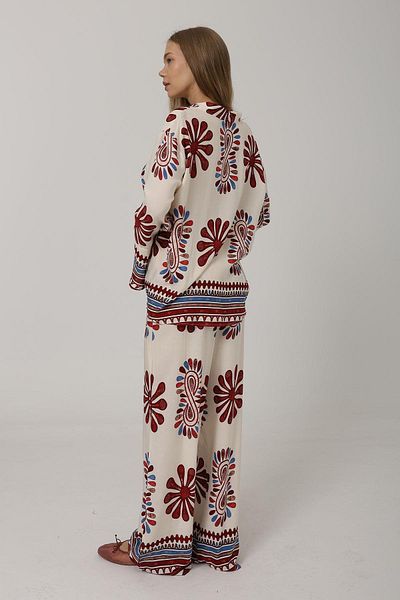 VAGGON Patterned Flared Sleeves Shirt and Elastic Waist Pants Set