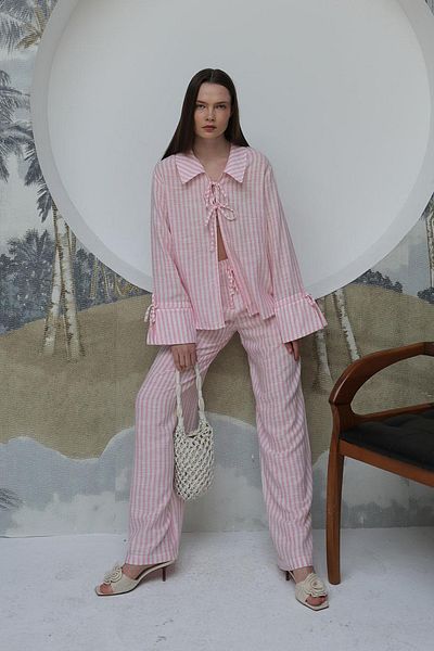 VAGGON Striped Tie-Up Detail Blouse and Pants Set
