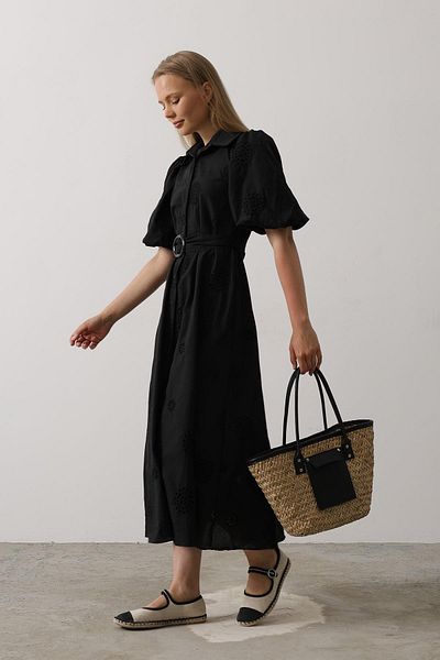 VAGGON Balloon Sleeve Belted Brode Dress