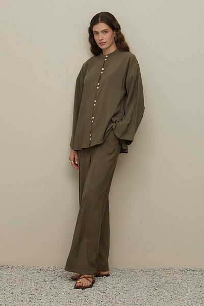 Fahhar Front Buttoned Modal Shirt Suit Khaki