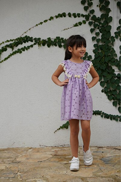 Just Group Lila Dantel Kumaş Çiçek Aksesuarlı Kız Çocuk Elbise