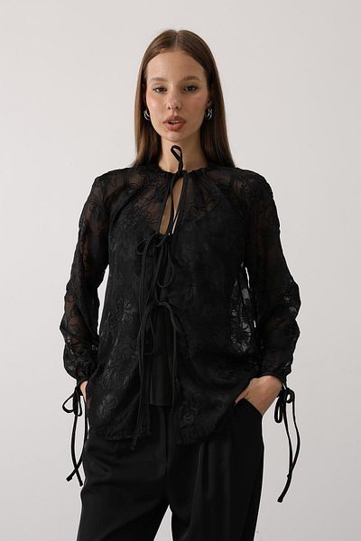 VAGGON Women Black Self Patterned Lacing Detail Chiffon Blouse Vs00554