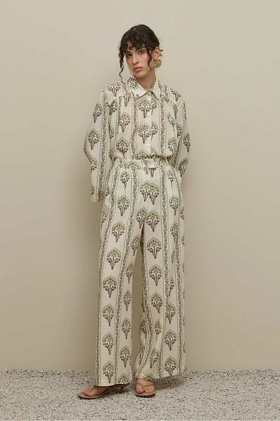 Fahhar Floral Patterned Shirt Suit Light Green