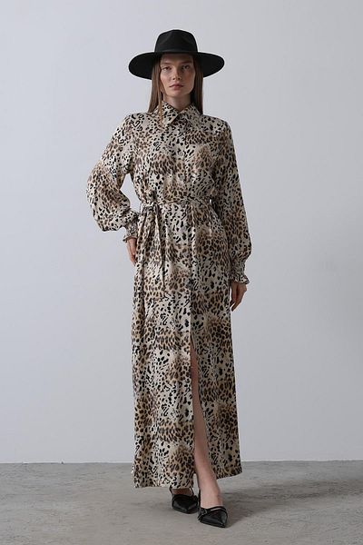 VAGGON Women's Leopard Leopard Print Tie Detail Maxi Size Shirt Dress Vs00457