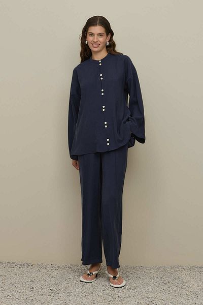 Fahhar Modal Shirt Suit with Button Front Navy Blue