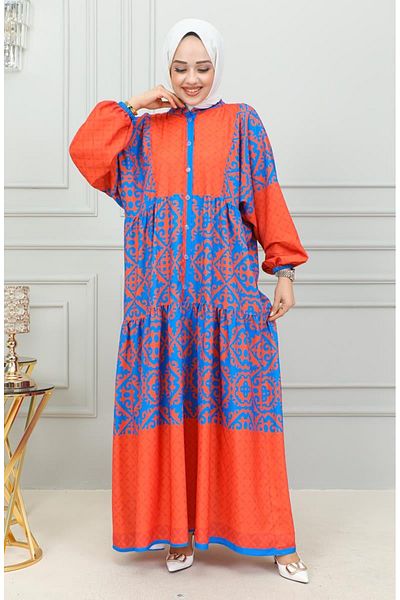 sefamerve Rochie Hijab cu Motive Etnice 0302-01 Bleumarin