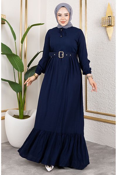 sefamerve Rochie Hijab cu detaliu curea 0220-06 Bleumarin