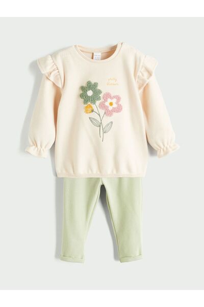 LC Waikiki Lcw Baby Crew Neck Floral Baby Girl Sweatshirt and Leggings 2 Pcs