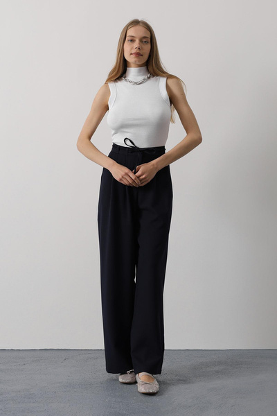 VAGGON Women's Dark Blue Double Pocket Pleated Lace Oversize Trousers Vs00534