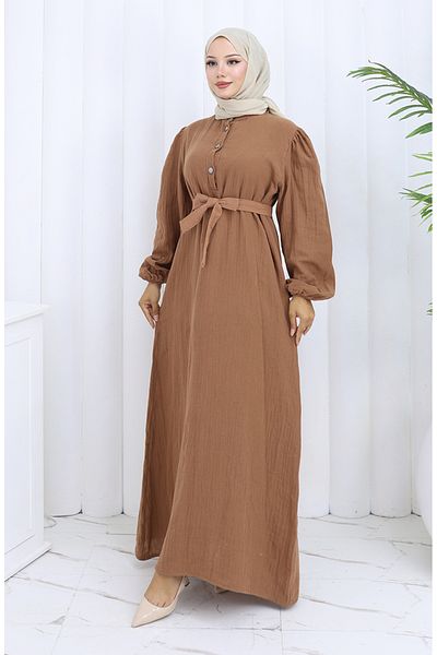 sefamerve Belted Dress with Elastic Sleeves 2112-01 Brown