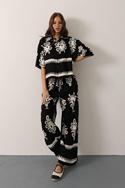 VAGGON Women's Black Patterned Short Sleeve Shirt Set Vs00585