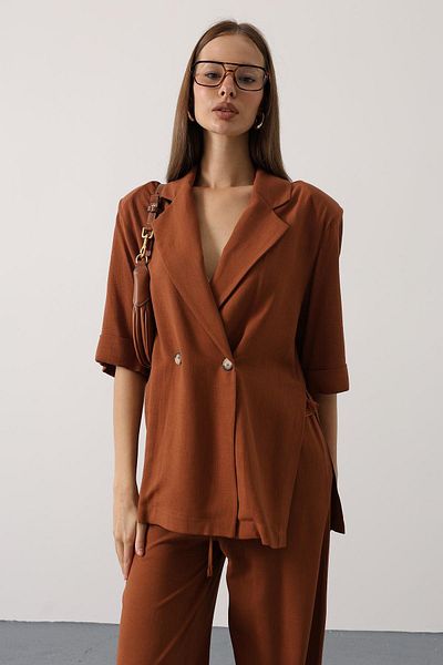 VAGGON Women's Brown Half Sleeve Oversize Slit Jacket Vs00627