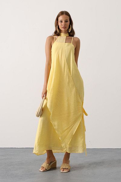 VAGGON Women's Yellow Asymmetrical Tie-Up Long Bohemian Dress Vs00631