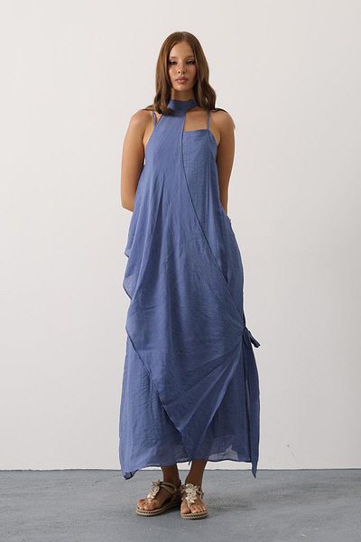 VAGGON Women's Indigo Asymmetrical Tie-Up Long Bohemian Dress Vs00631