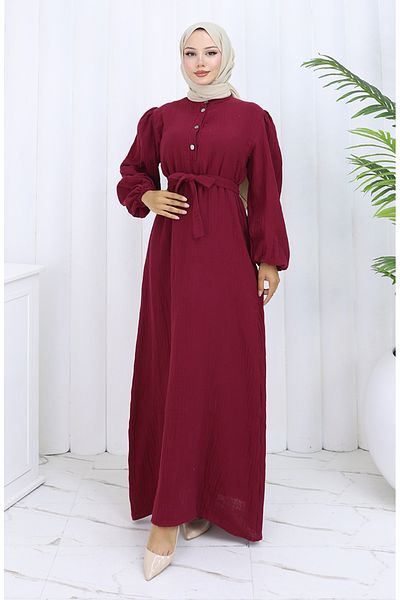 sefamerve Rochie cu curea elastică cu mâneci 2112-06 Roșu Claret