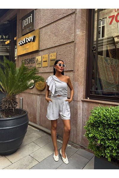 MAUN COLLECTION One Shoulder and Ruffle Detail Linen Suit