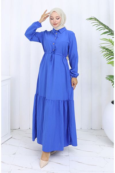 sefamerve Button Dress with Tie-Up at the Waist 0127-05 Blue