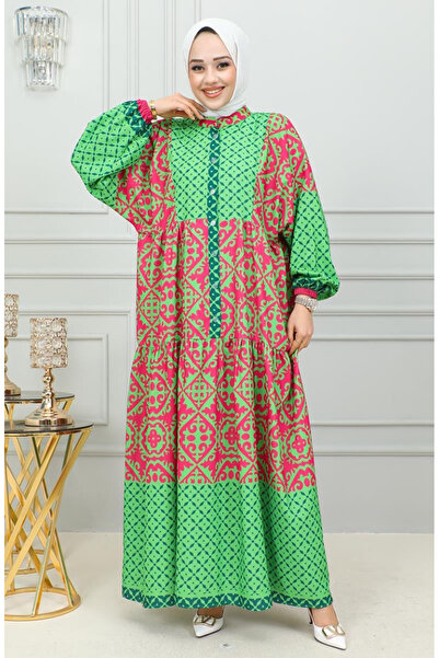 sefamerve Ethnic Patterned Hijab Dress 0302-04 Green