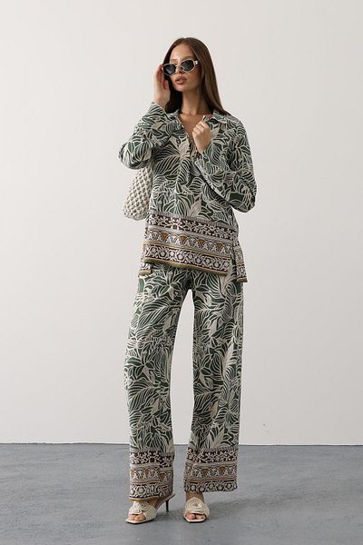 VAGGON Patterned Half Placket Blouse and Pants Set